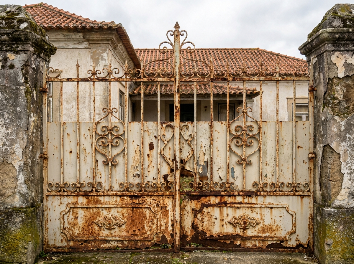 Portão de ferro antigo com ferrugem antes da restauração